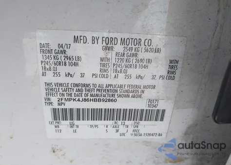 2017 Ford Edge Sel из США, поврежденный, VIN 2FMPK4J86HBB92860